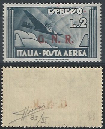 1943 Repubblica Sociale aerea Lire 2 G.N.R. Brescia III MNH Sassone n. 125III