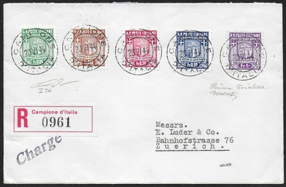 1944 Campione Stemma 5v. lettera Sassone n. 1a/5a