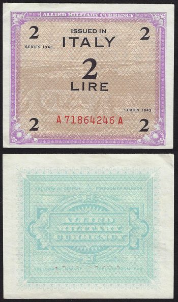 1943 Allied Military Currency Lire 2  FDC Rif. AM 2B Gigante