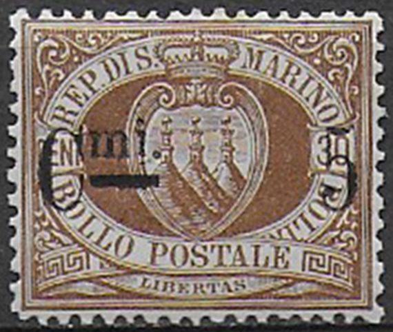 1892 San Marino Stemma 5c. su 30c. bc MNH Sassone n. 9