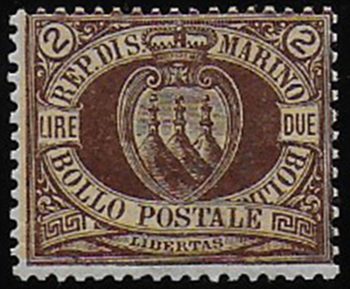 1894 San Marino stemma Lire 2 bruno/arancio MNH Sassone n. 21