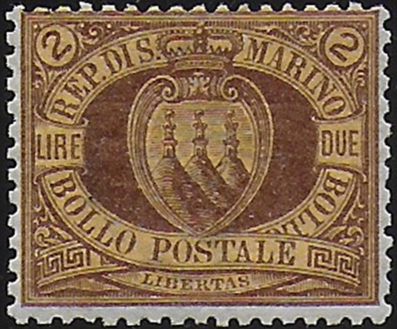 1894 San Marino stemma Lire 2 bruno/giallo MNH Sassone n. 21a