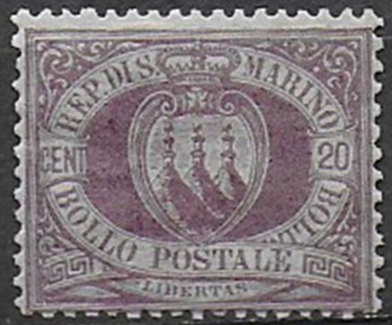 1894 San Marino stemma 20c. lilla MNH Sassone n. 29