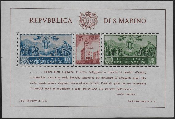 1945 San Marino Carducci MS variety MNH Sassone n. 6c