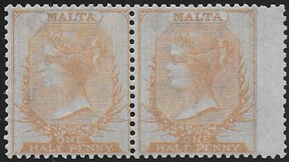 1863-81 Malta Vittoria ½d buff pair MNH SG n. 4