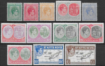 1938-50 St Kitts-Nevis Giorgio VI 12v. MNH SG n. 68a/77f