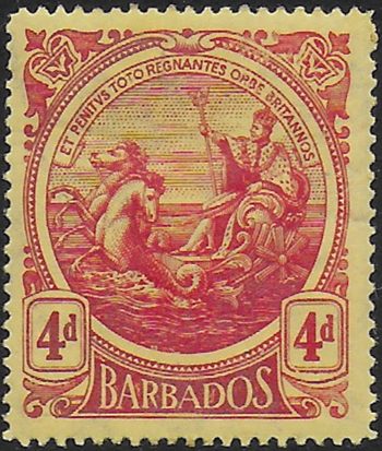 1916 Barbados George V 4d. red yellow MNH SG n. 187