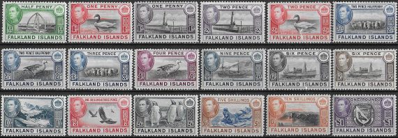 1938-50 Falkland Islands George VI 18v. MNH SG n. 146/63