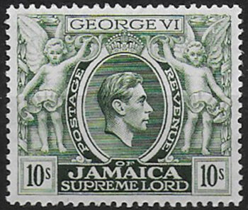 1950 Jamaica George VI 10s. myrtle-green p. 13 MNH SG n. 133aa