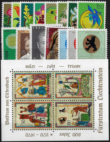 1970 Liechtenstein complete year 15v+1MS MNH