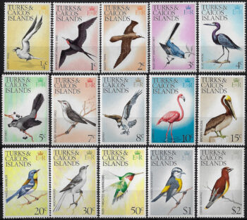 1973 Turks and Caicos birds 15v. MNH SG n. 381/463