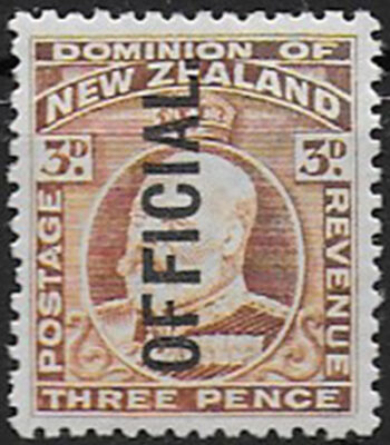 1910 New Zealand OFFICIAL 3d. chestnut MH SG. n. O74