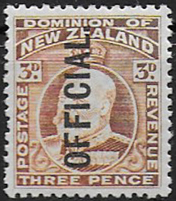 1910 New Zealand OFFICIAL 3d. chestnut MH SG. n. O74