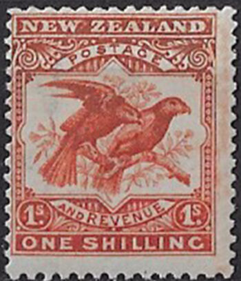 1908 New Zealand Kea and Kaka 1s. orange-red MNH SG n. 385