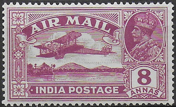 1929 India Air Mail 8a. purple missing tree-top MNH SG n. 224a