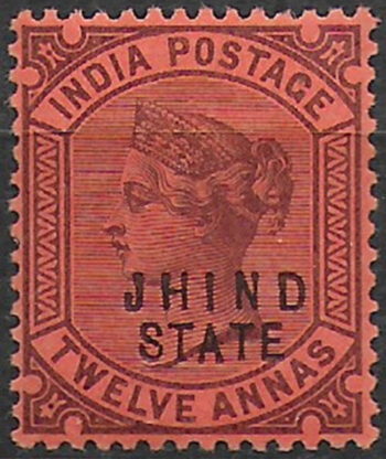 1896 India Convention States Jhind 12a. purple/red MNH SG n. 30