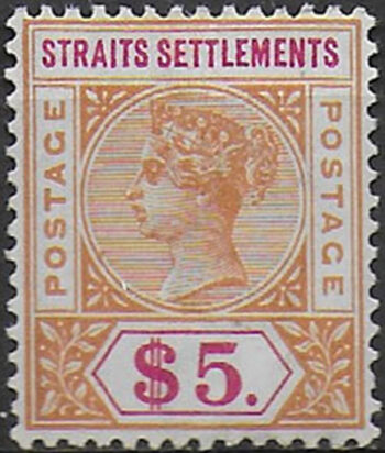1898 Malaysia Straits Settlements $5 orange and carmine MH SG n. 105