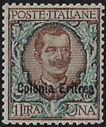 1903 Eritrea VE III Lire 1 bruno verde bc MNH Sassone n. 28