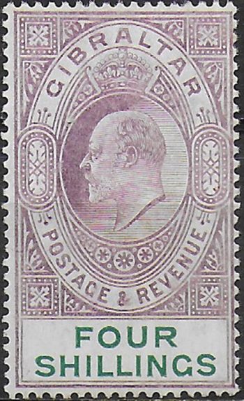 1908 Gibraltar 4s. deep purple and green MH SG n. 63