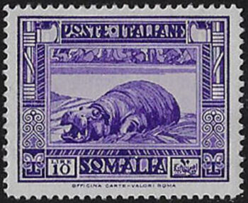 1937 Somalia Ippopotamo Lire 10 violetto 1v. MNH Sassone n. 228