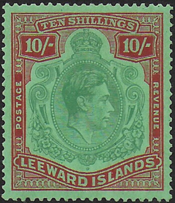 1938 Leeward Islands 10s. bluish green and deep red/green MNH SG n. 113