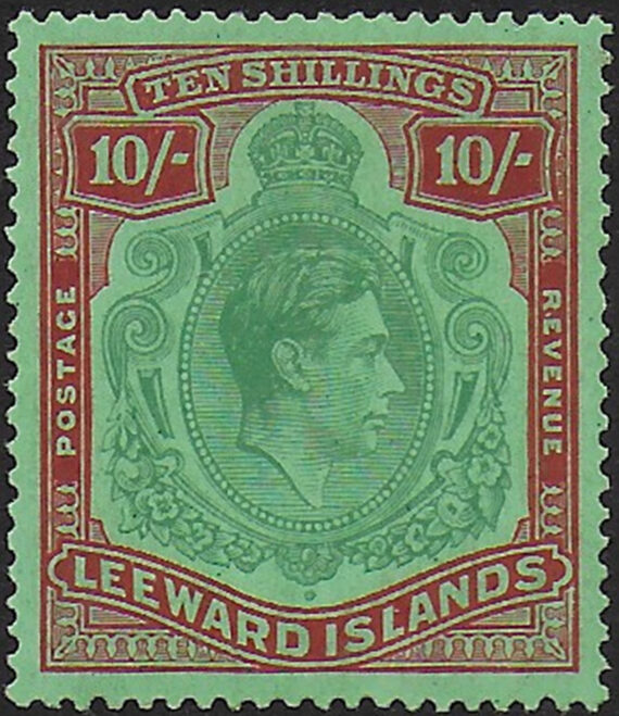 1938 Leeward Islands 10s. bluish green and deep red/green MNH SG n. 113