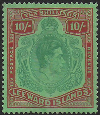 1944 Leeward Islands 10s. pale green and dull red/green MNH SG n. 113a
