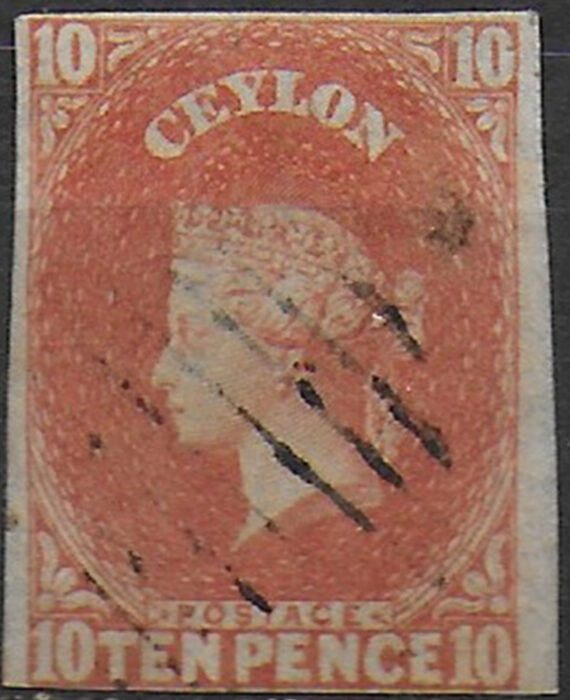 1857 Ceylon Vittoria 10d. dull vermilion cancelled SG. n. 9