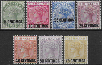 1889 Gibraltar Victoria overprinted 7v. MH SG n. 15/21