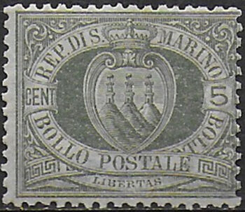 1892 San Marino stemma 5c. verde olivastro MNH Sassone n. 13