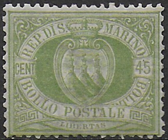 1892 San Marino stemma 45c. verde oliva MNH Sassone n. 18