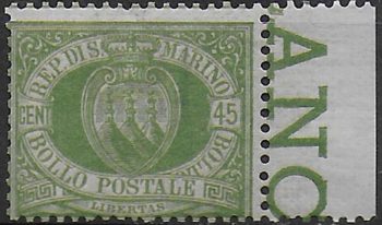 1892 San Marino stemma 45c. dark olive green bf mc MNH Sassone n. 18a