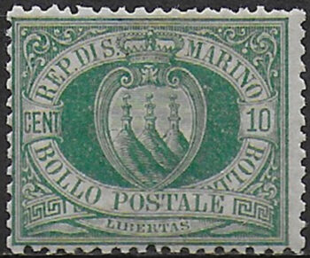 1894 San Marino stemma 10c. verde azzurro MNH Sassone n. 14
