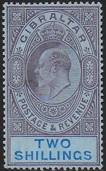 1910 Gibraltar 2s. purple and bright blue-blue MH SG n. 72