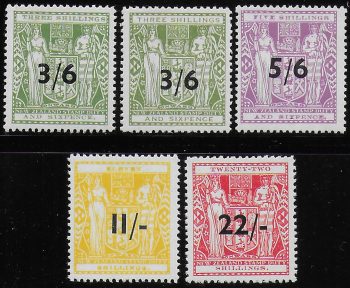 1942-50 New Zealand fiscal stamps 5v. MNH SG n. F212/F216