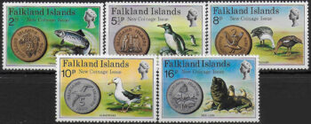 1975 Falkland Islands new coinage issue 5v. MNH SG n. 316/320