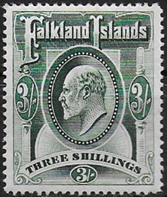 1904 Falkland Islands 3s. green MNH SG n. 49