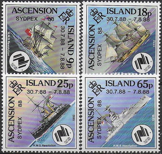 1987 Ascension ships of the Royal Navy ovpt Sydpex 4v. MNH SG n. 465/68