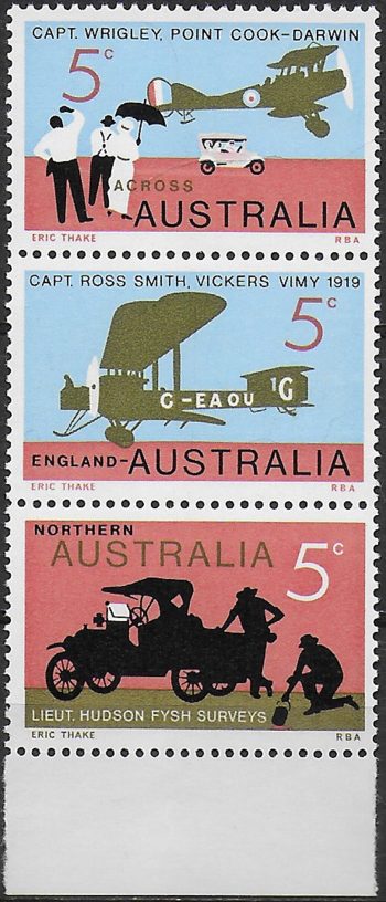1969 Australia England- Australia flight 3v. uprights MNH SG n. 450/52