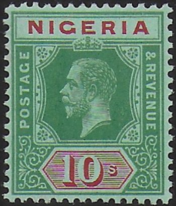 1921 Nigeria George V 10s. on emeral, emerald back MNH SG n. 11d