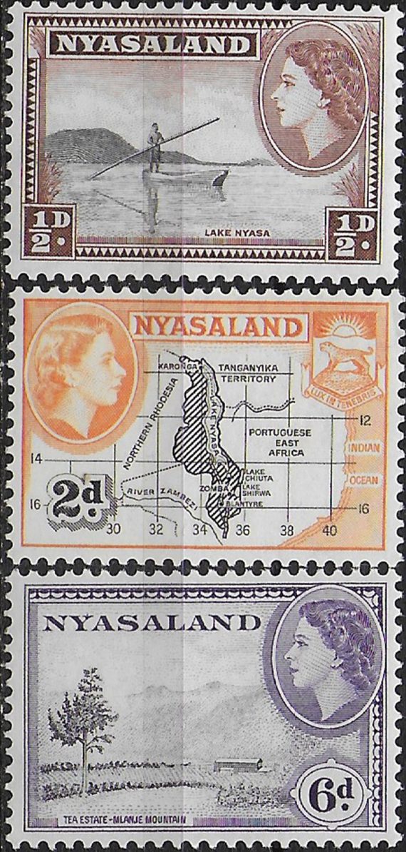 1954 Nyasaland Elizabeth II 3v. perforated 12 x 12½  MNH