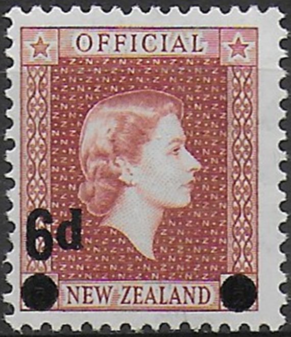 1959 New Zealand 6d. on 1½d. brown-lake Official MNH SG n. O168