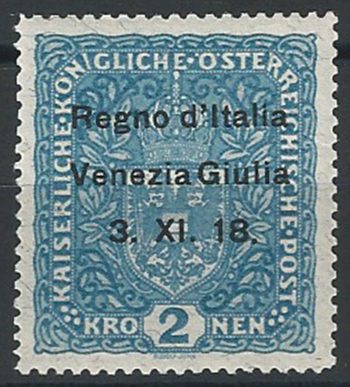 1918 Venezia Giulia 2kr azzurro fili di seta MNH Sassone n. 15/I