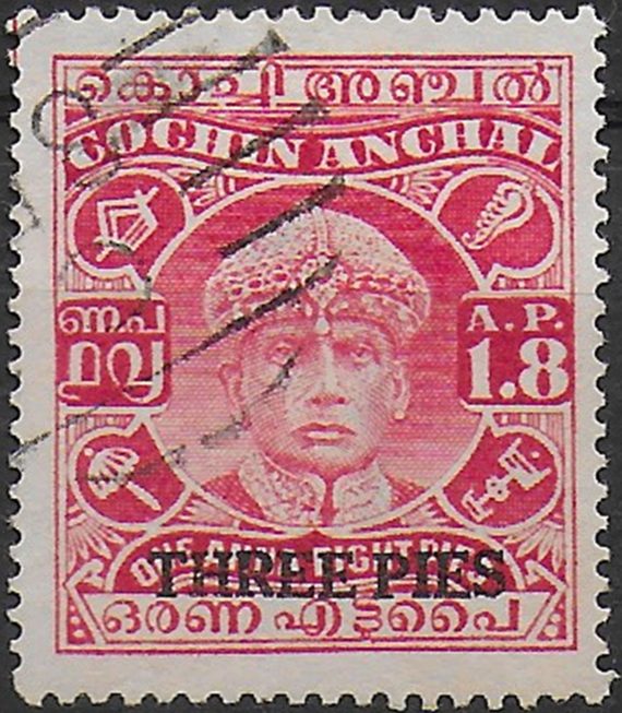 1942 India Cochin Rama Varma III 3p. on 1a.8p. carmine used SG n. 75