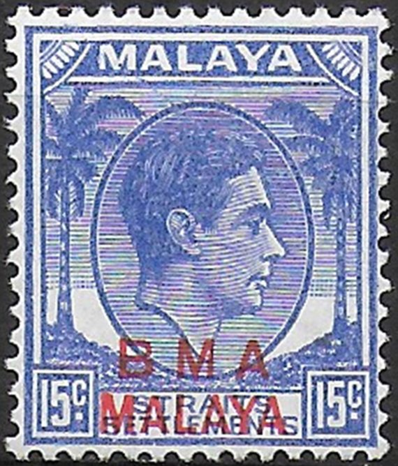 1947 Malaya B.M.A. George VI 15c. blue MNH SG n. 12b