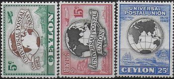 1949 Ceylon 75th Anniversary of UPU 3v. MNH SG n. 410/12