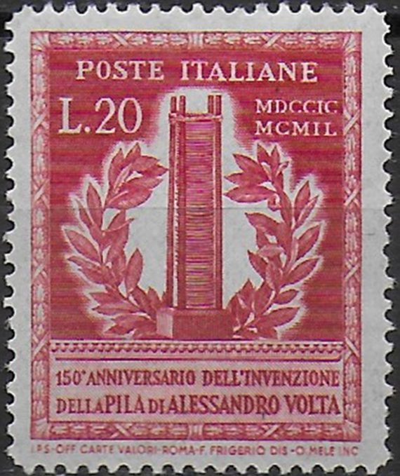 1949 Italia A. Volta Lire 20 no watermark MNH Sassone n. 611 variety