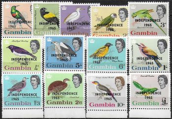 1965 Gambia Birds optd INDEPENDENCE 1965 13v. bf MNH SG n. 215/27