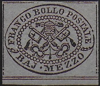 1852 Stato Pontificio 1/2 baj violet gray bf MNH Sassone n. 1A