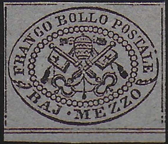 1852 Stato Pontificio 1/2 baj violet gray bf MNH Sassone n. 1A